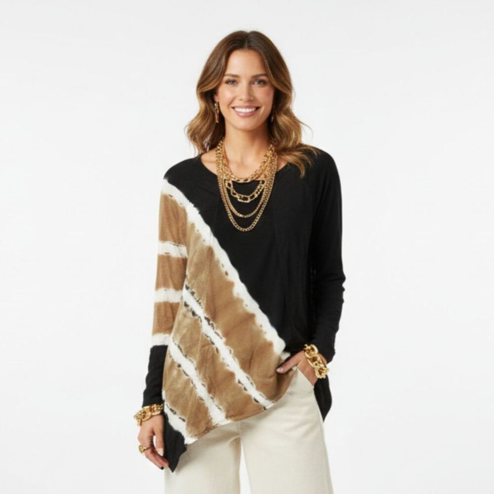 XCVI Black & Tan Print Long Sleeve Tunic Top XS